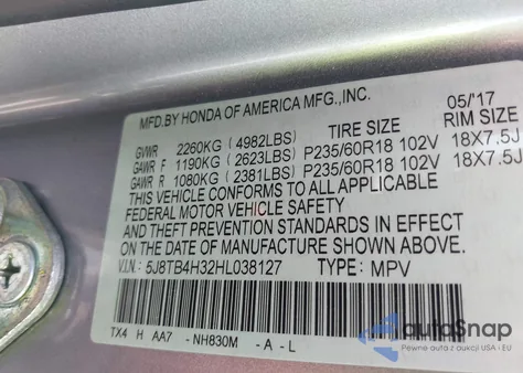 2017 Acura Rdx Acurawatch Plus Package z USA, uszkodzony, nr VIN 5J8TB4H32HL038127